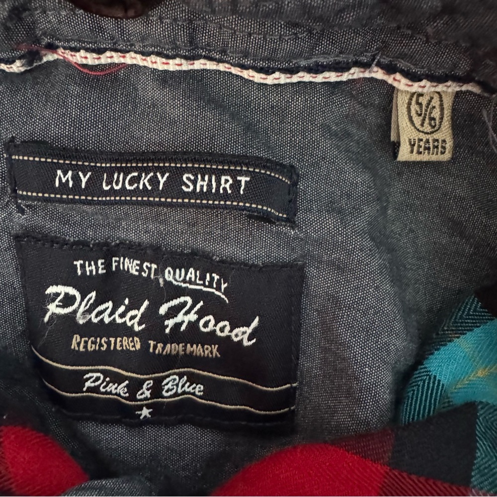 ❤️3/$30 Lucky Brand Boys Hooded(removable) Plaid Shirt Shacket Red/Blue Size 5/6 - Picture 8 of 9